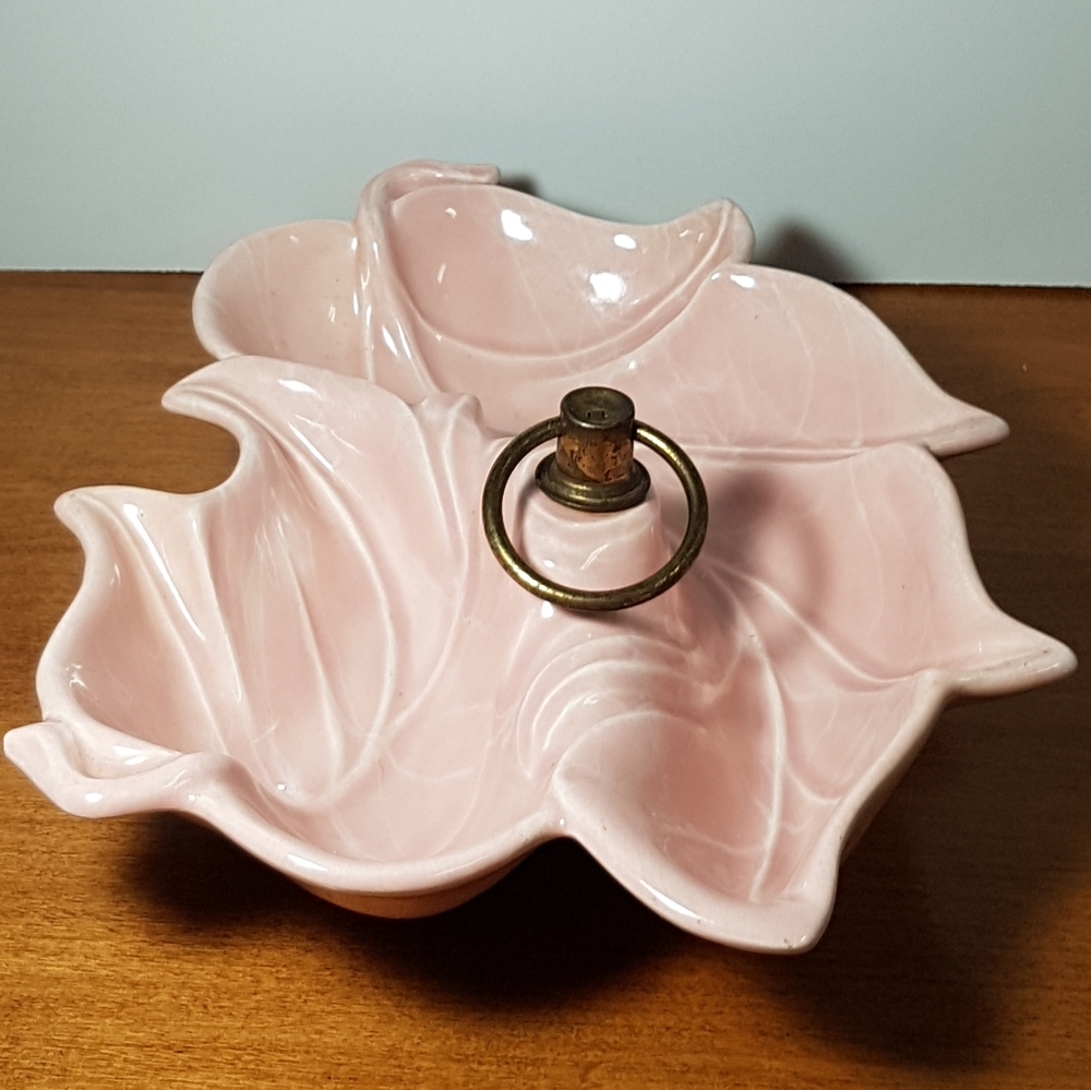 Vintage Pink Leaves Serving Dish With Handle